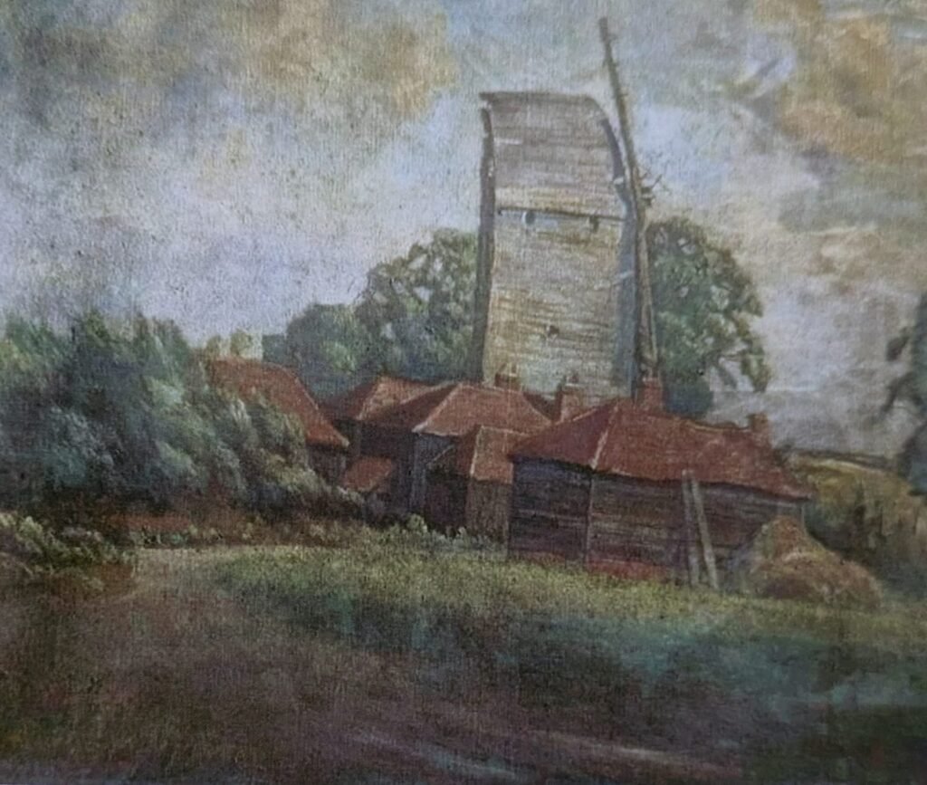 Toot Mill Windmill, Toot Hill by William Brown MacDougall. William Brow Macdougall (1868-1936) waas a Scotish artist, wood engraver, etcher and book illustrator. He lived and died in Loughton. The painting is in the Nottingham Museum and Art Gallery