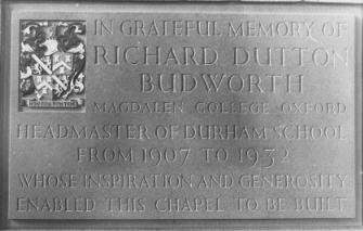 Durham School chapel: R.D. Budworth memorial inscription (1932