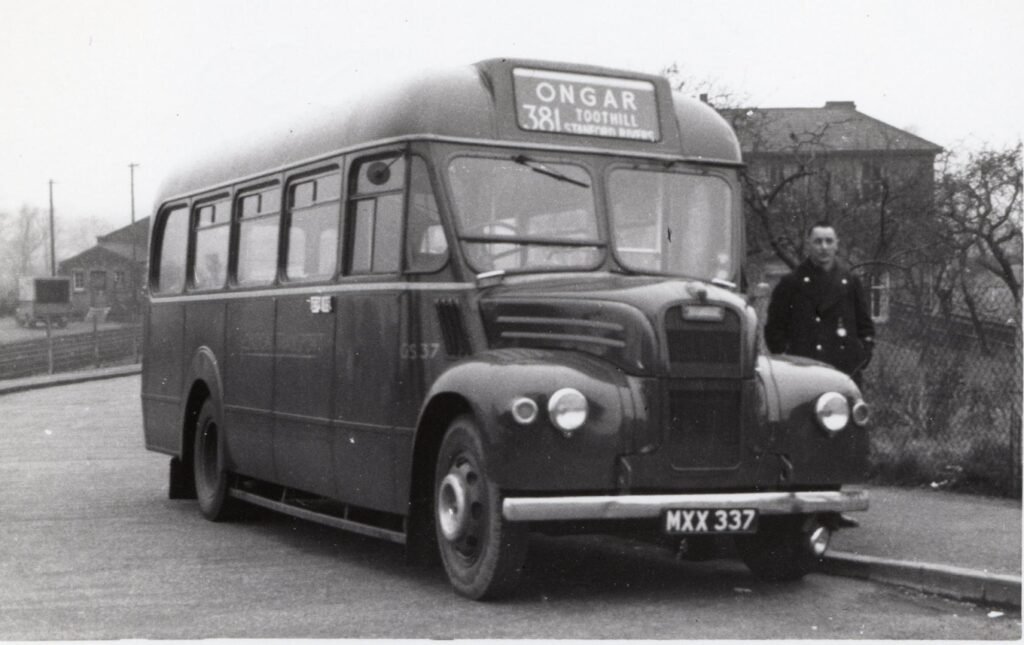 A rare photograph of a 381 bus terminating at Ongar Station. This experimental route extension from Toothill only operated for 14 Saturdays over the winter of 1957/8.