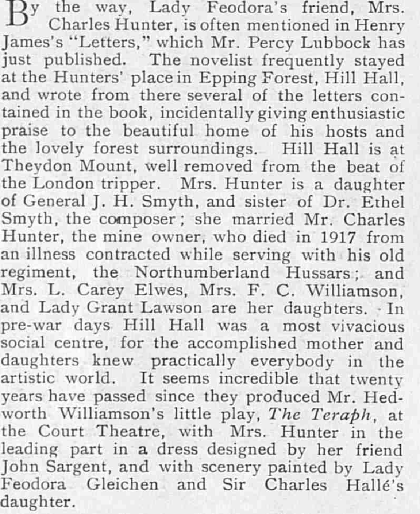 Article from The Tatler 21st April, 1920 regarding Mrs Charles Hunter of Hill Hall