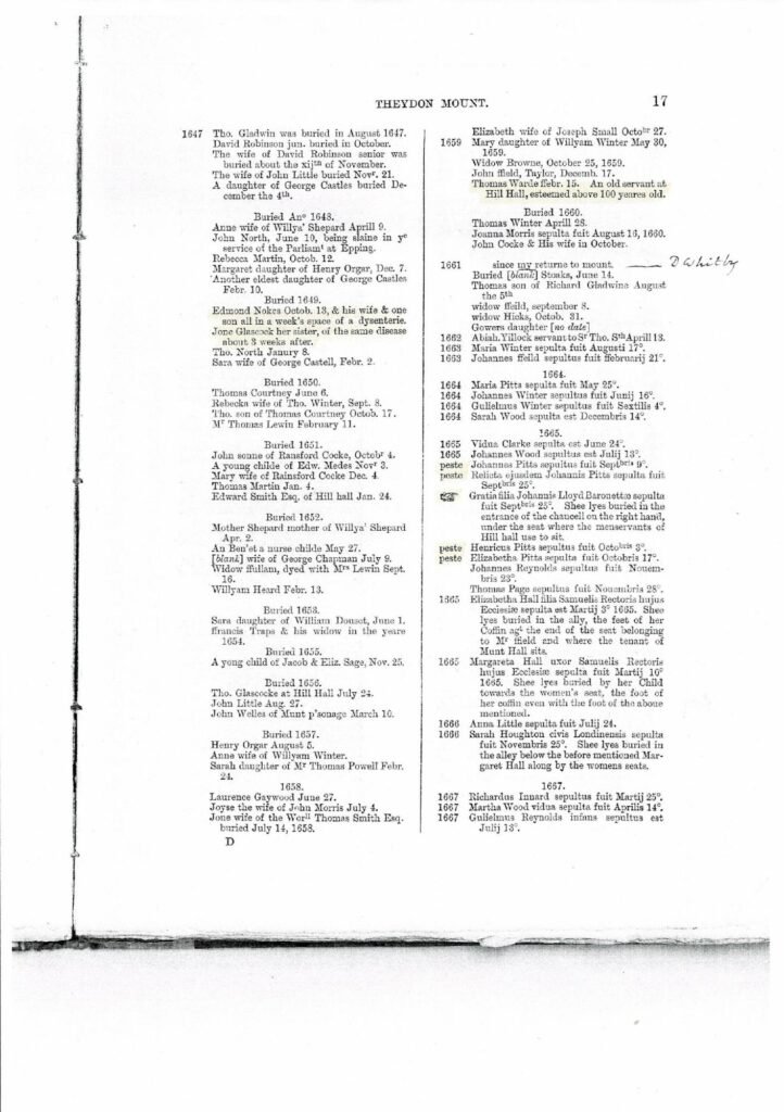 Printed transcript of Theydon Mount burial register. Until 1752, the calendar year began on March 25th, so the two Hall entries were in what would now be reckoned as 1666.