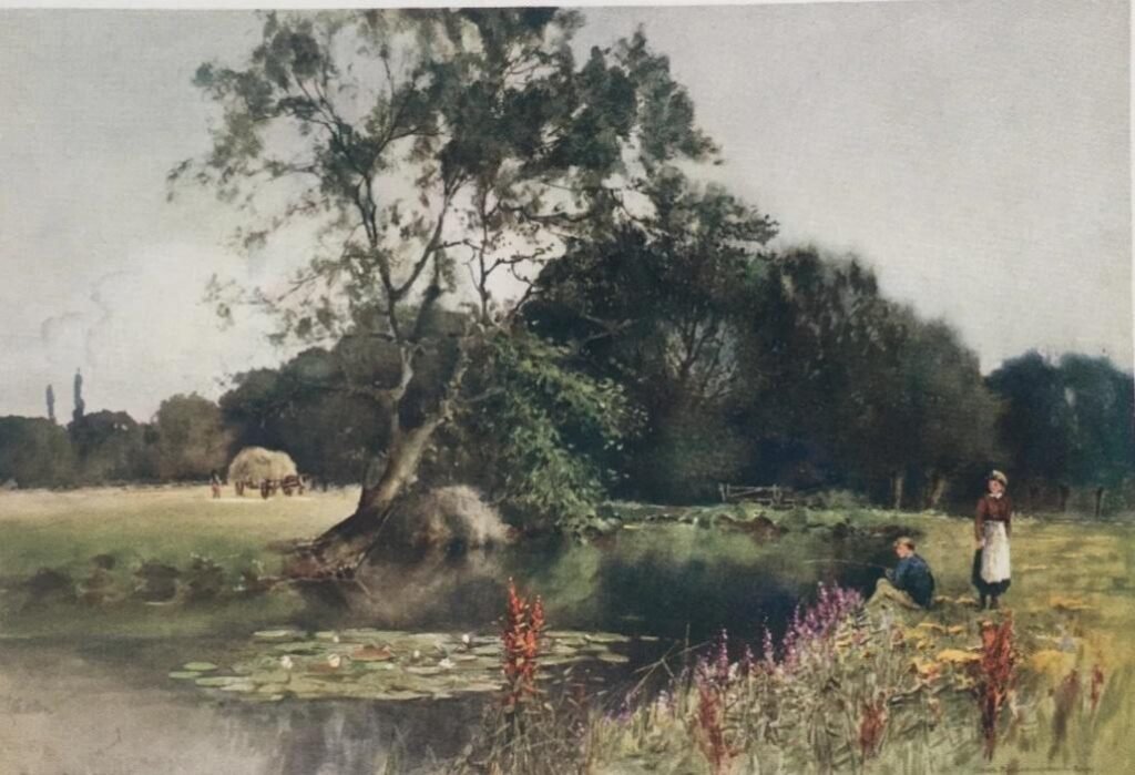 This is from a painting by L Burleigh Bruhl and a publication of coloured views of Essex in 1909, which was published by A & C Black Limited of London, and printed on cream paper by Billing and Sons of Guildford.