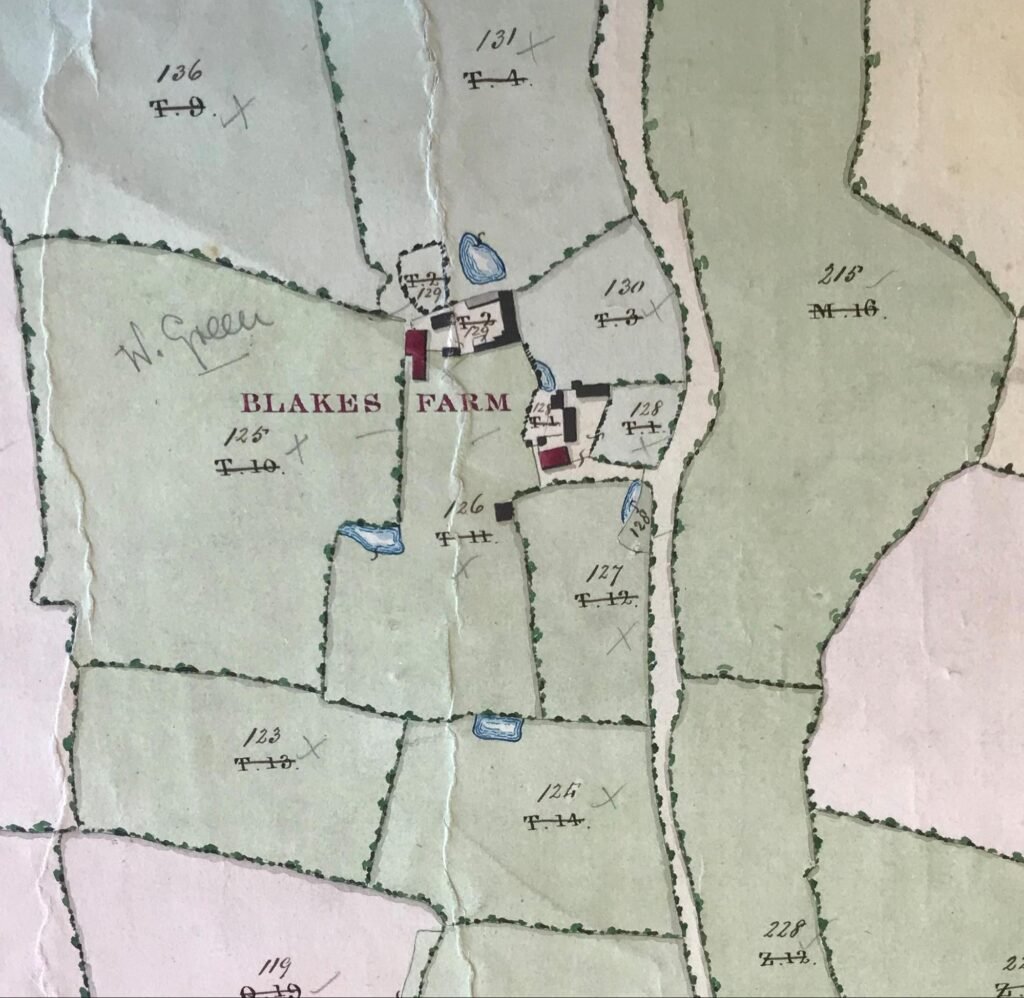 Example from the Tithe Map showing Blakes Farm
and surrounding fields.