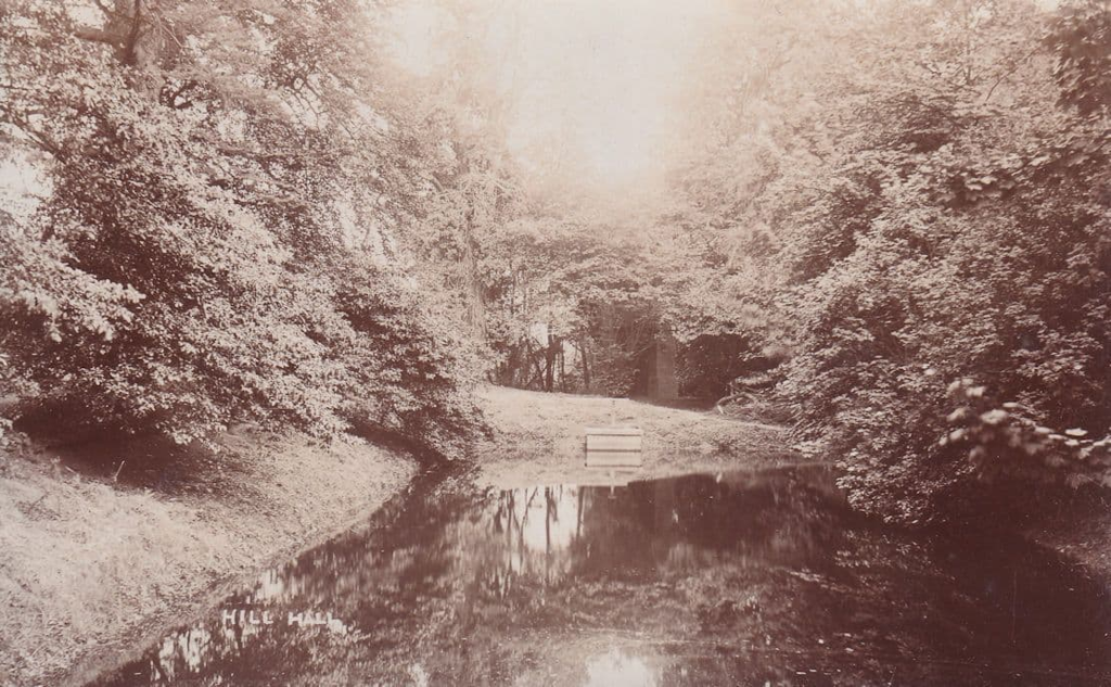 1900s postcard of the lake in the gardens & grounds of Hill Hall