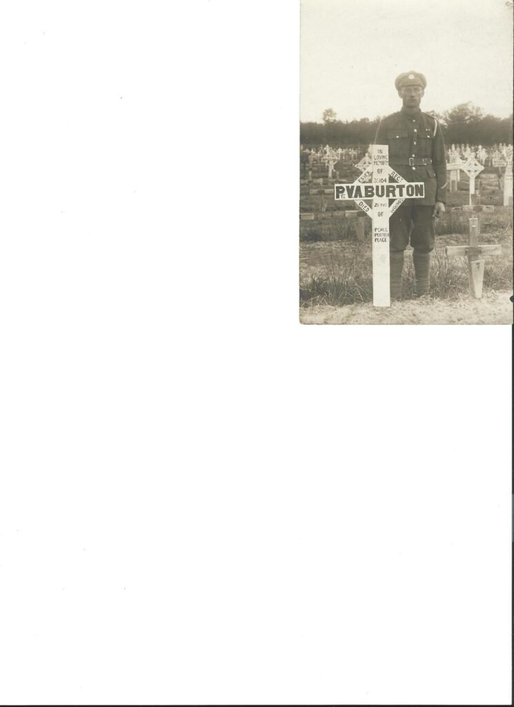 The picture on the left shows the temporary grave marker. These temporary markers (few of which survived) were eventually replaced by the stone gravestones by the Commonwealth War Graves Commission.
21 |