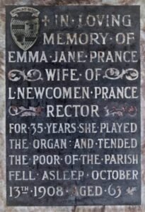 Plaque beside the organ, to Reginald Prance, “Giver of the Organ”, and Emma Jane Prance, who “for 35 years…played the organ”