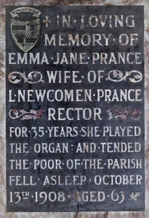 Plaque beside the organ, to Reginald Prance, “Giver of the Organ”, and Emma Jane Prance, who “for 35 years…played the organ”