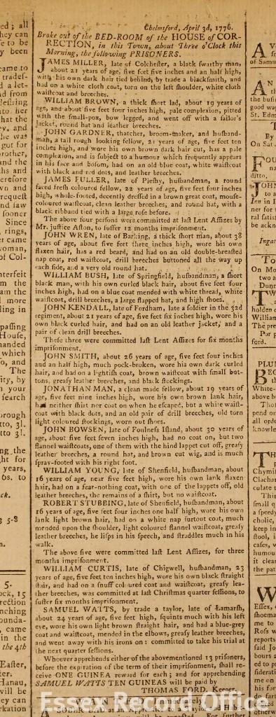 Article from the Chelmsford Chronicle reporting the escape of 15 prisoners from the House of Correction, 5 April 1776