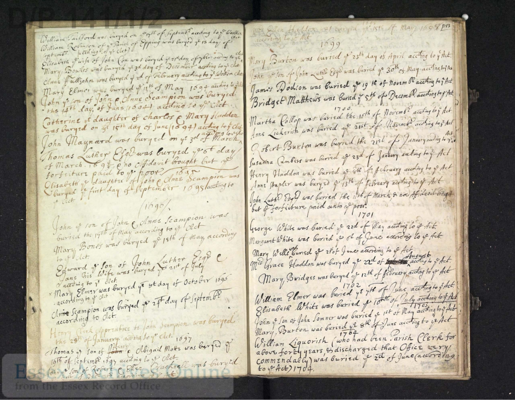 Entries from the Burial Register for St Mary’s, Stapleford Tawney for 1696