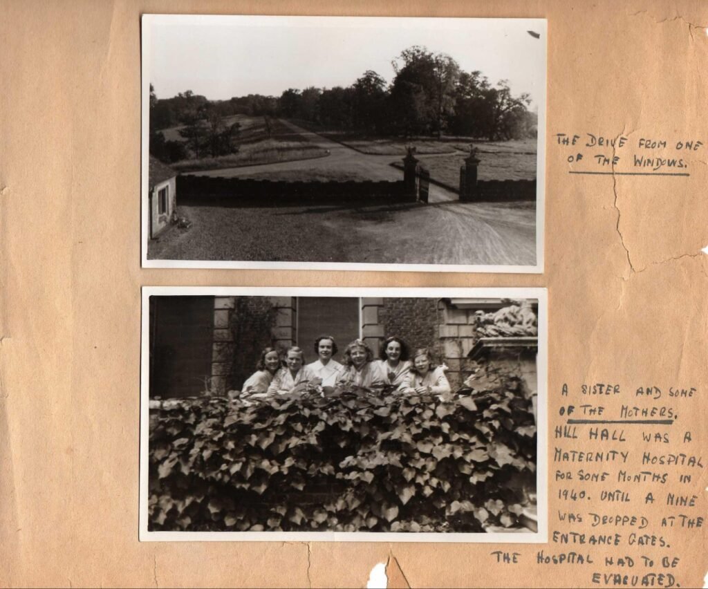 A photograph taken in September 1940 by Doris Messenger, who worked in the Hospital, showing a Sister (3rd from the left) and five mothers. The women are standing on the terrace at the south facing side of Hill Hall.