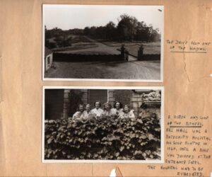 A photograph taken in September 1940 by Doris Messenger, who worked in the Hospital, showing a Sister (3rd from the left) and five mothers. The women are standing on the terrace at the south facing side of Hill Hall.