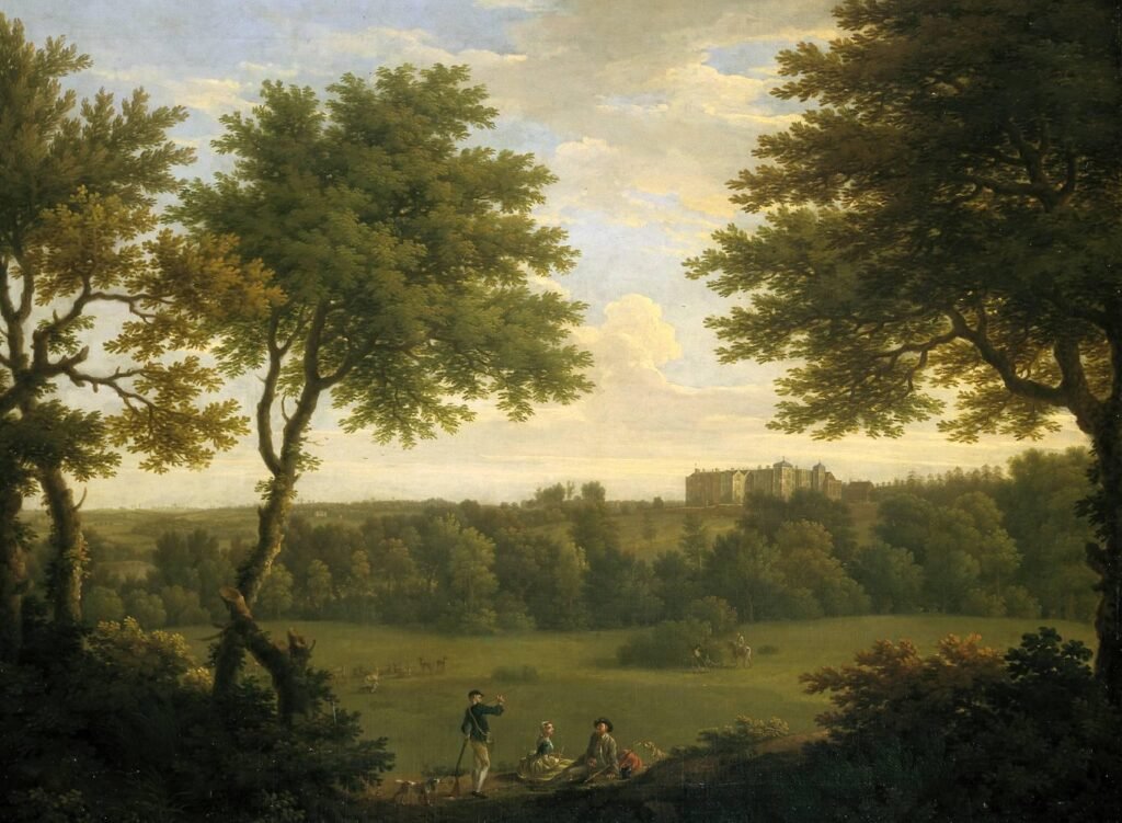 George Lambert (1700‑1765) & Francis Hayman (1708‑1776)

This work is the companion piece of View of Copped Hall in Essex, from across the Lake. The manor of Copped Hall was first recorded in the Middle Ages. The original owner was the huge monastery at Waltham but the Hall and estates passed to the Crown during the years of dissolution under Henry VIII. His daughter, Queen Elizabeth I granted the estate to Sir Thomas Heneage of Lincolnshire, who built the old hall shown in the Lambert views, between 1564 and 1595. The ownership of the Hall passed through several hands until it was purchased (probably in 1739) by Edward Conyers of Walthamstow, Member of Parliament for East Grinstead. His son, John Conyers (1717-75), who commissioned the Lambert views in 1745, was Member of Parliament for Reading (1747-54) and for Essex (1772-5). Copped Hall remained with his descendants until 1869 when the house and contents was sold to George Wythes. The house caught fire in 1912 but the contents were saved: