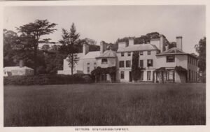 Rear view of Suttons Manor, before the wing on the right was demolished. The oldest surviving part is the crosswing in the centre of the photo.