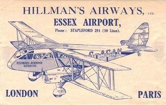 Advertisement for Hillman’s Airway’s who operated out of Stapleford Tawney Airfield.