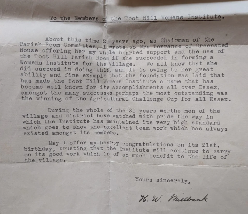 WI – 21st Birthday Message – H W Millbank